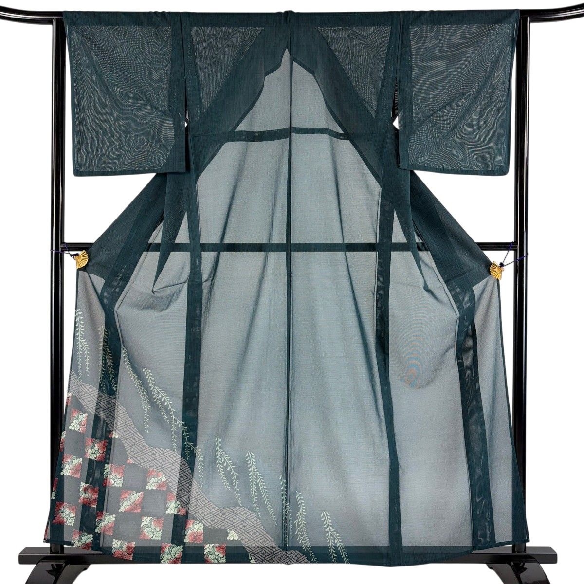 【美品】 付下げ 身丈160.5cm 裄丈63.5cm S 薄物 絽 柳 草花 深緑 化繊 秀品 【中古】