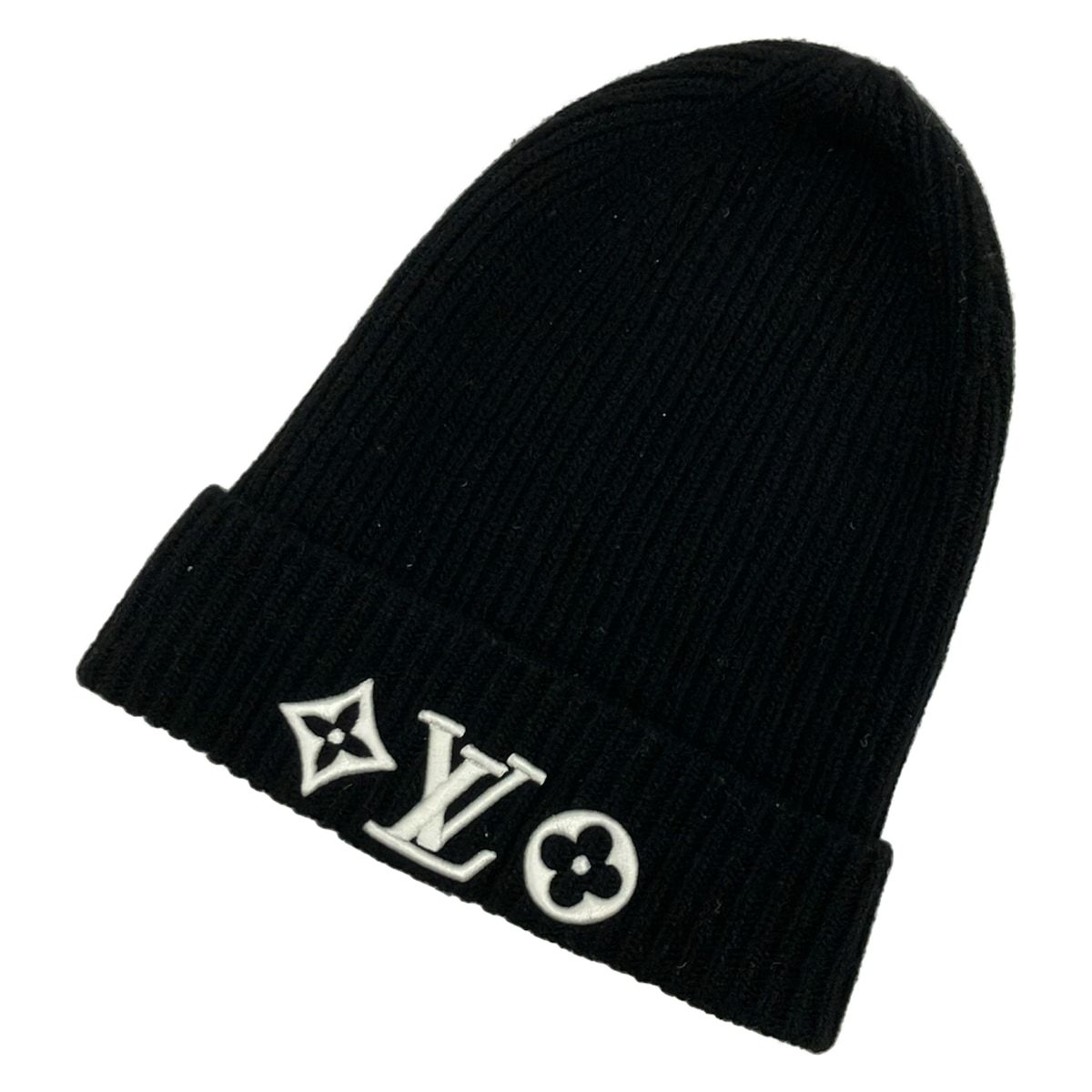 LOUIS VUITTON ブラック ビーニー M77872 美品 LOUIS VUITTON(ルイヴィトン) ニット帽 S ビーニーLVヘッドライン