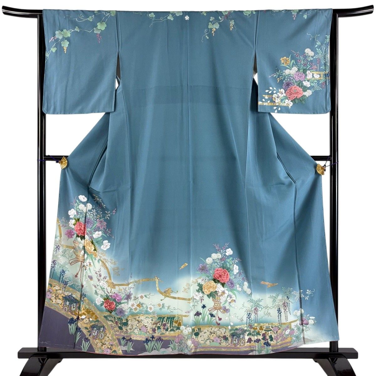 訪問着 身丈158cm 裄丈64.5cm M 袷 草花 御所車 刺繍 金糸 青灰色 正絹