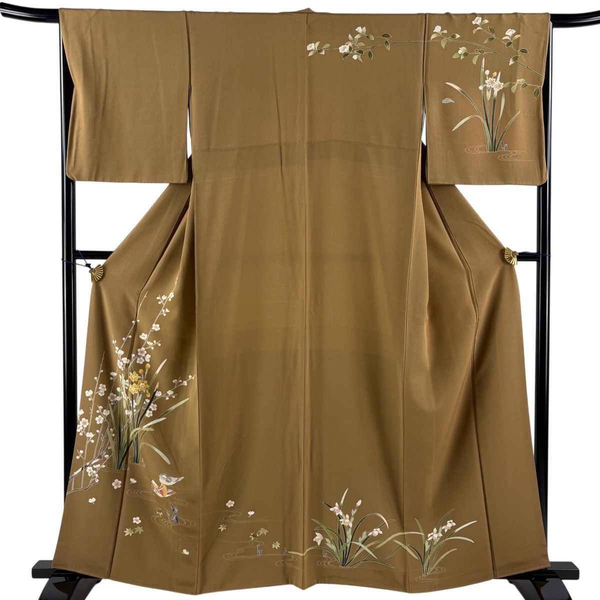 訪問着 身丈159.5cm 裄丈66cm M 袷 草花 鴛鴦 茶色 正絹 秀品 【中古