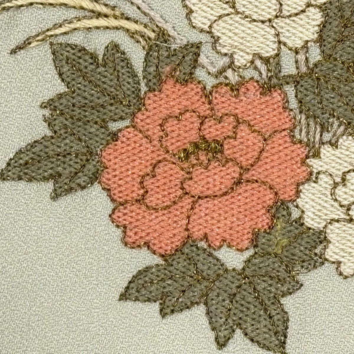 付下げ 身丈161cm 裄丈64.5cm M 袷 扇面 草花 刺繍 金糸 薄緑 正絹 秀 