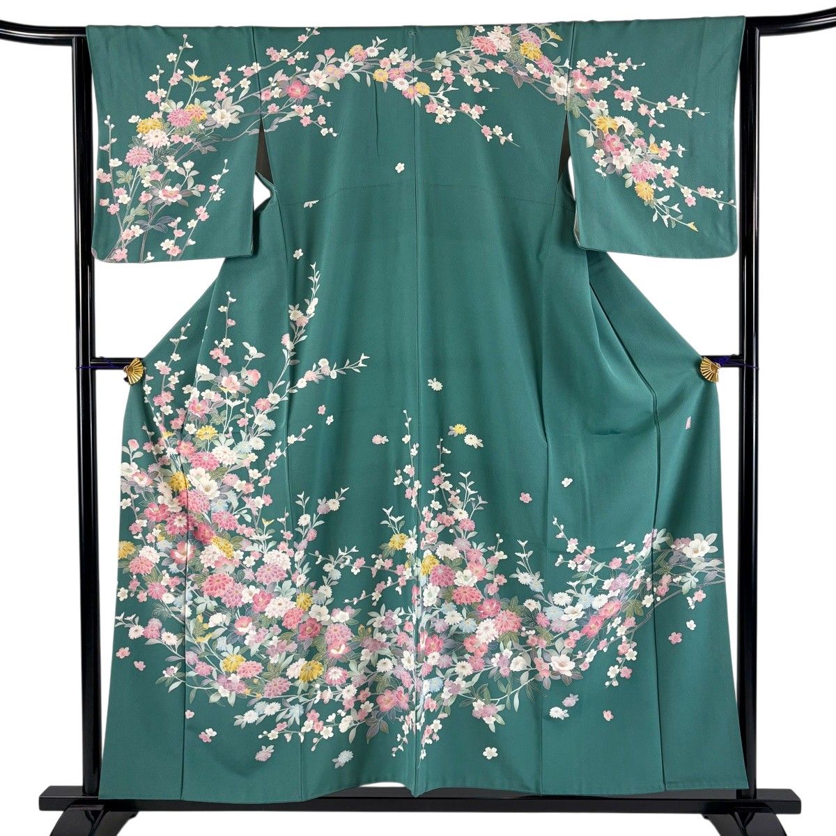 訪問着 身丈156cm 裄丈64cm M 袷 落款 草花 緑 正絹 秀品 一つ紋 【中古】