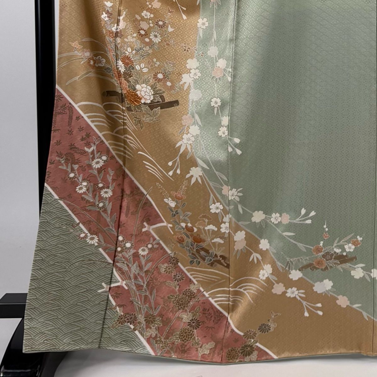 訪問着 身丈166cm 裄丈66cm M 袷 花筏 波 金糸 金彩 薄茶色 正絹 秀品 