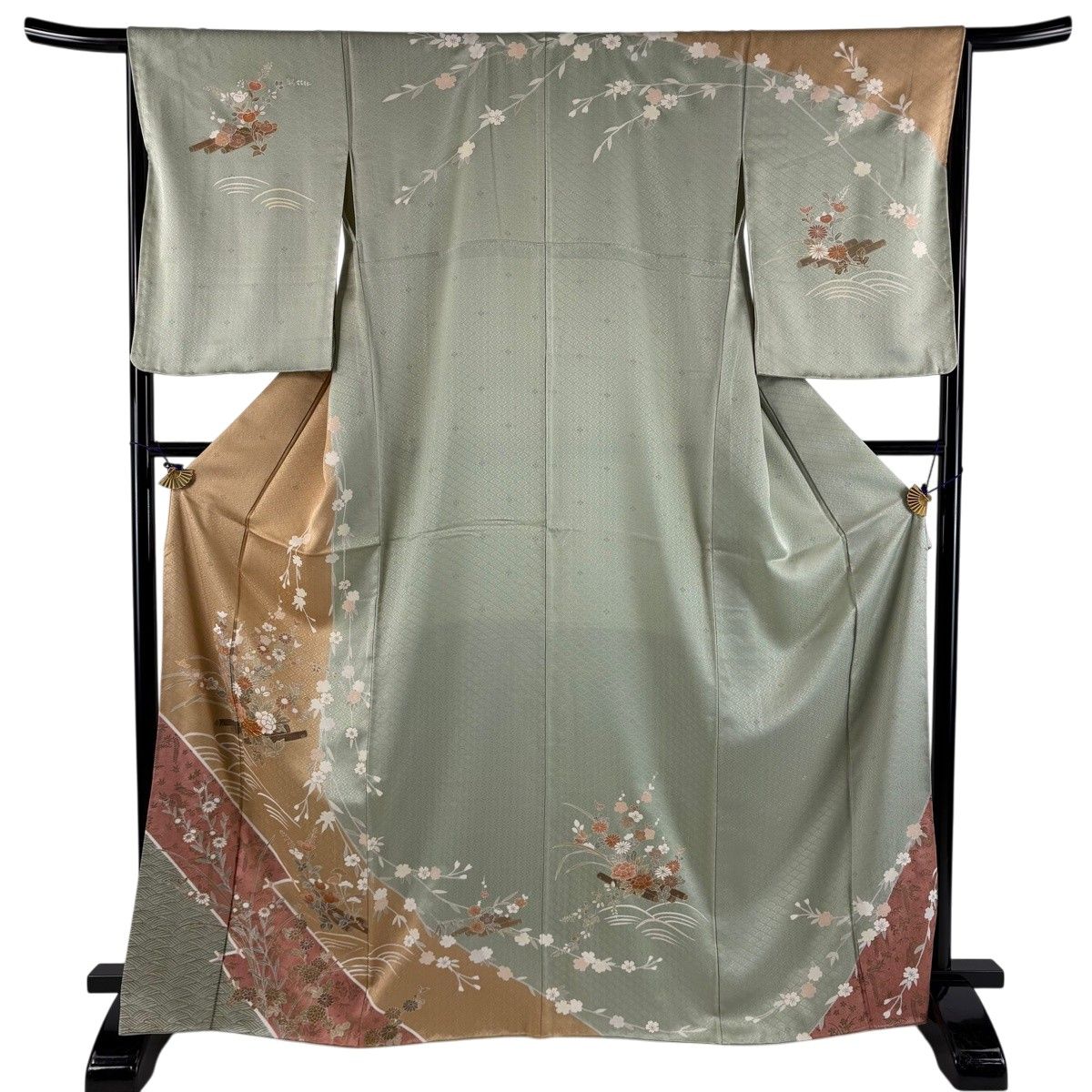 訪問着 身丈166cm 裄丈66cm M 袷 花筏 波 金糸 金彩 薄茶色 正絹 秀品