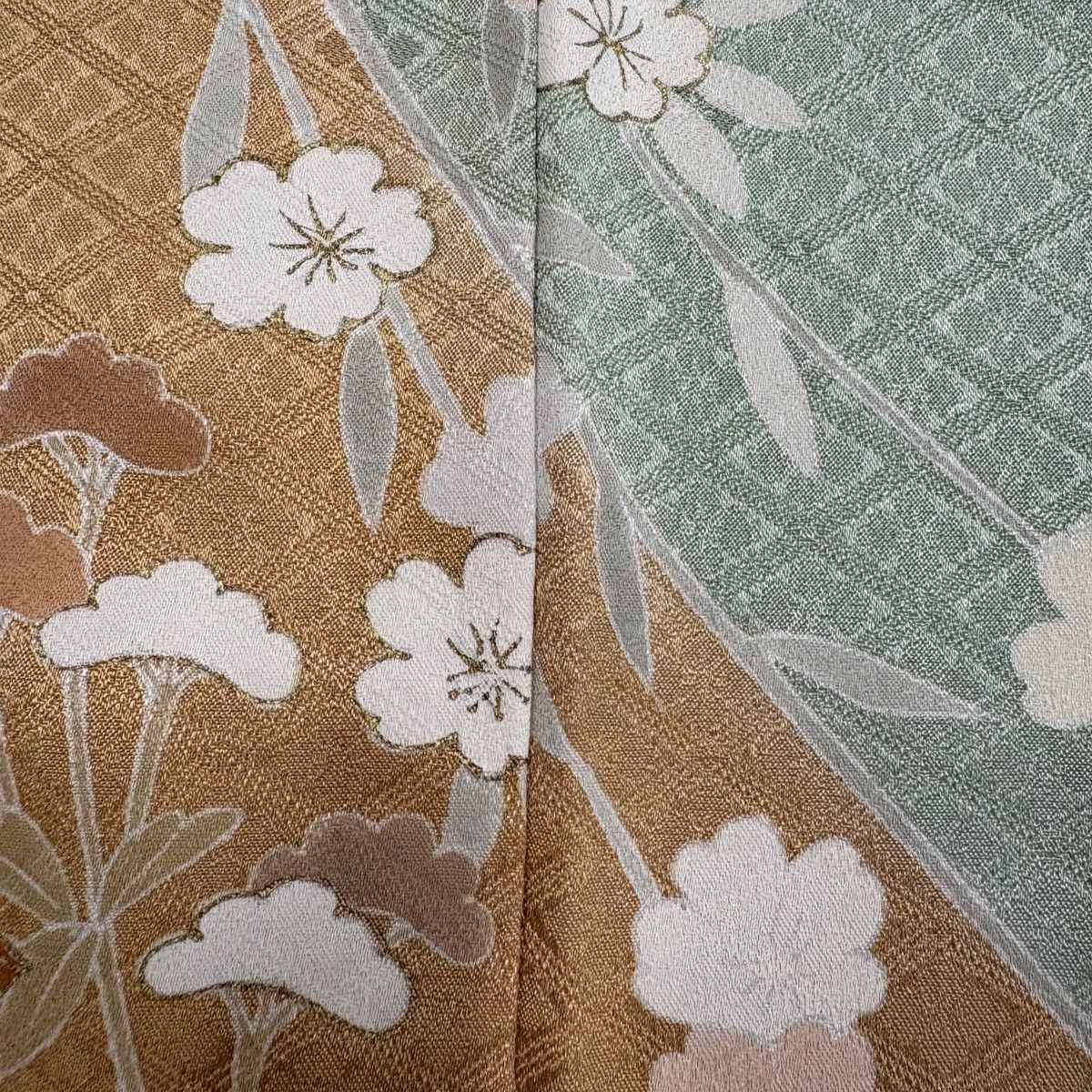 訪問着 身丈166cm 裄丈66cm M 袷 花筏 波 金糸 金彩 薄茶色 正絹 秀品 