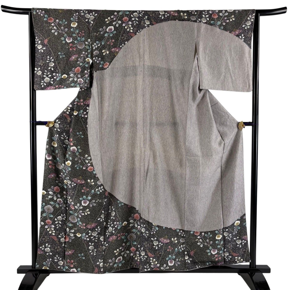 訪問着 身丈158cm 裄丈64cm M 袷 草花 扇 金彩 絞り 墨色 正絹 秀品 【中古】