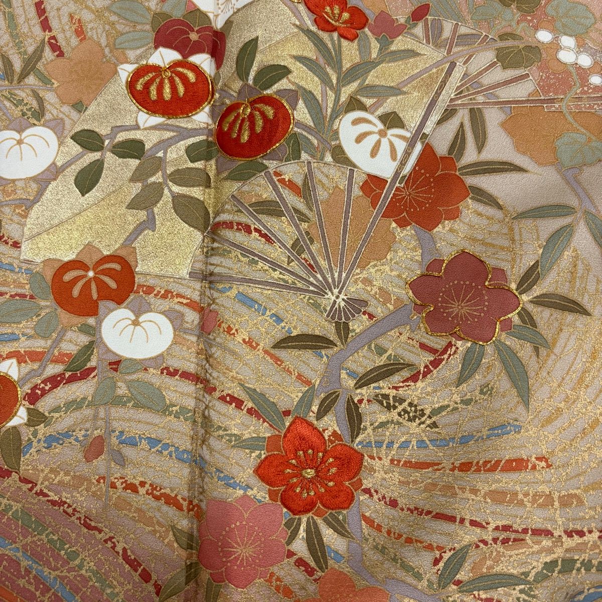 訪問着 身丈162cm 裄丈69cm L 袷 落款 花扇 波 刺繍 金彩 灰緑 正絹 秀