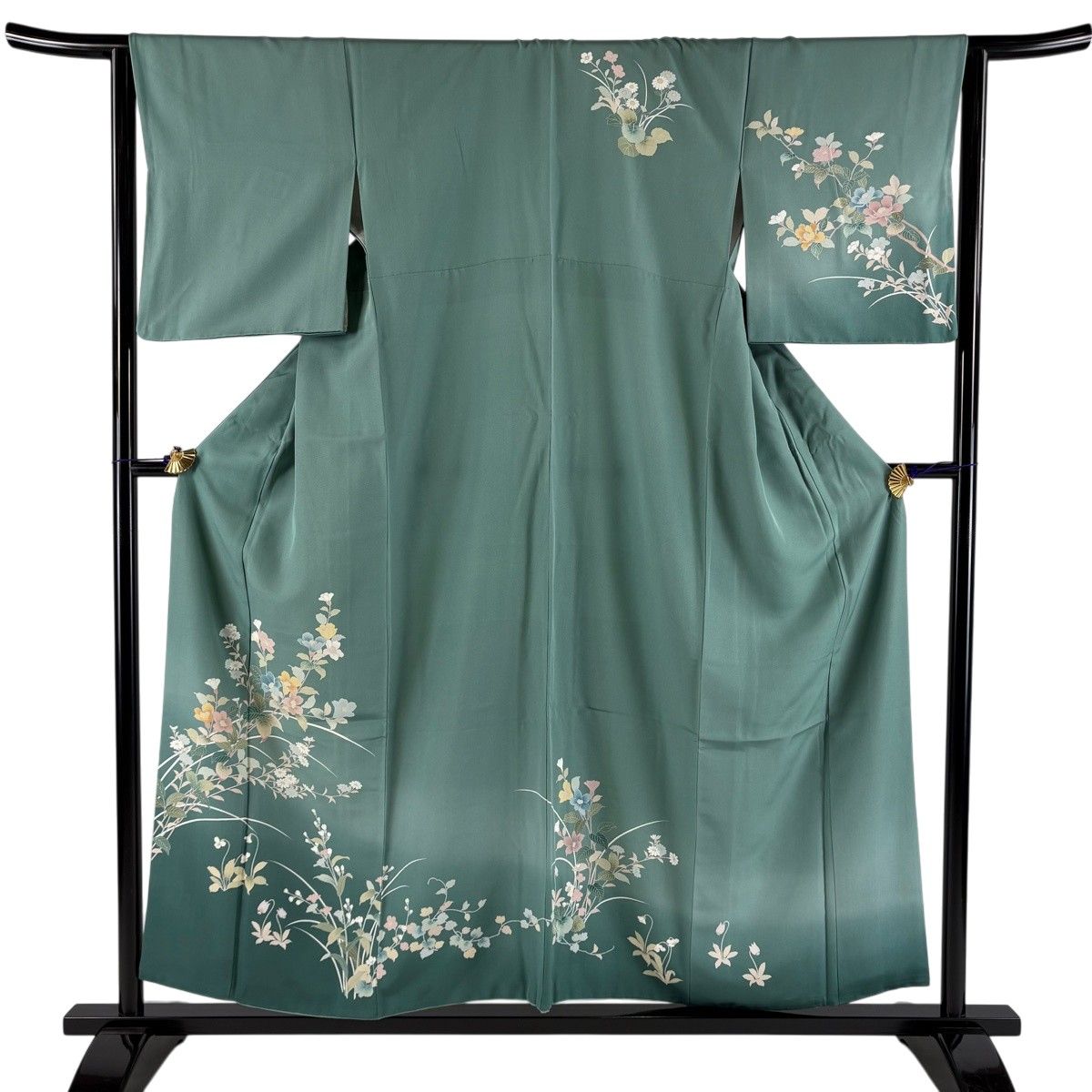 訪問着 身丈157cm 裄丈64cm M 袷 草花 ぼかし 薄緑 正絹 秀品 【中古】