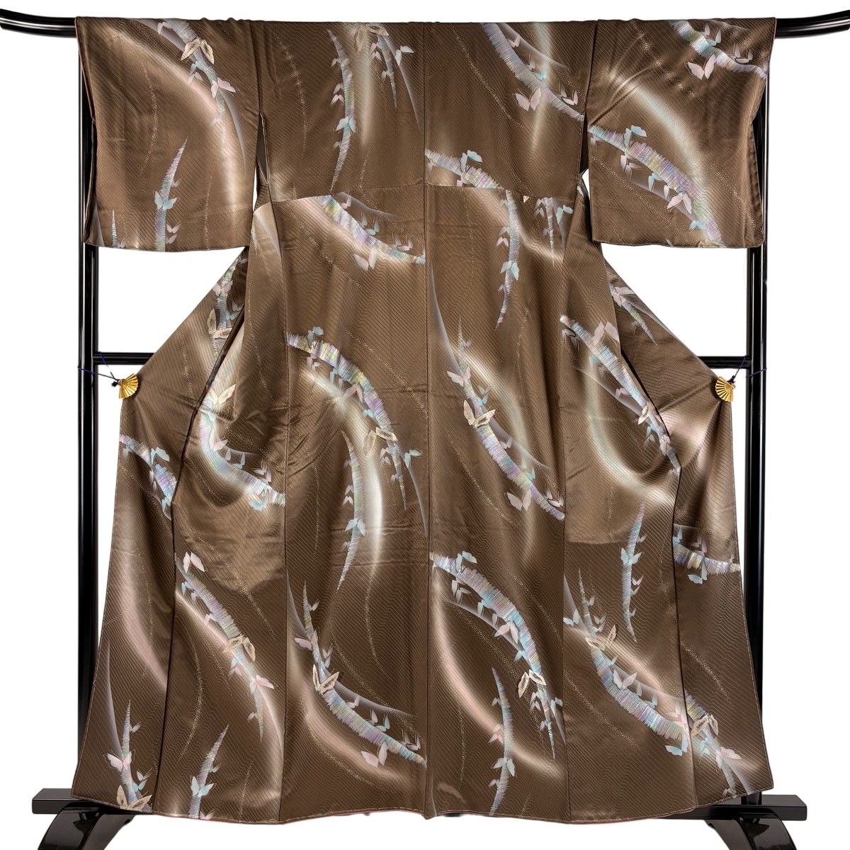 【美品】 小紋 身丈159cm 裄丈68cm L 袷 蝶 幾何学 金銀彩 ぼかし 焦茶色 正絹 秀品 【中古】