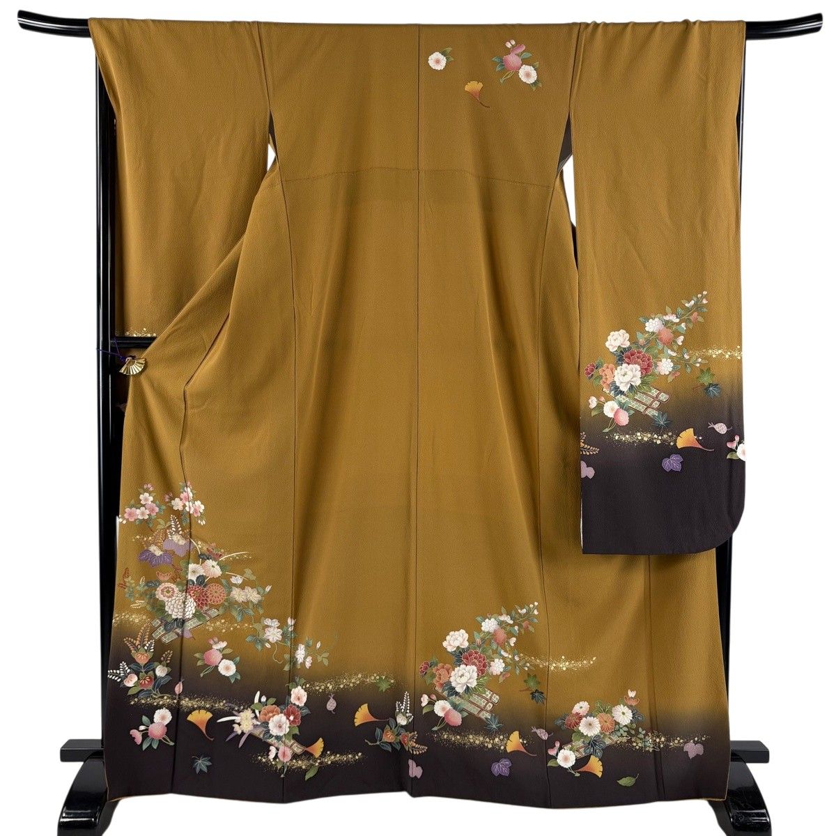 振袖 身丈167cm 裄丈68cm L 袷 花筏 箔散らし 金彩 染め分け 山吹茶色 正絹 秀品 【中古】