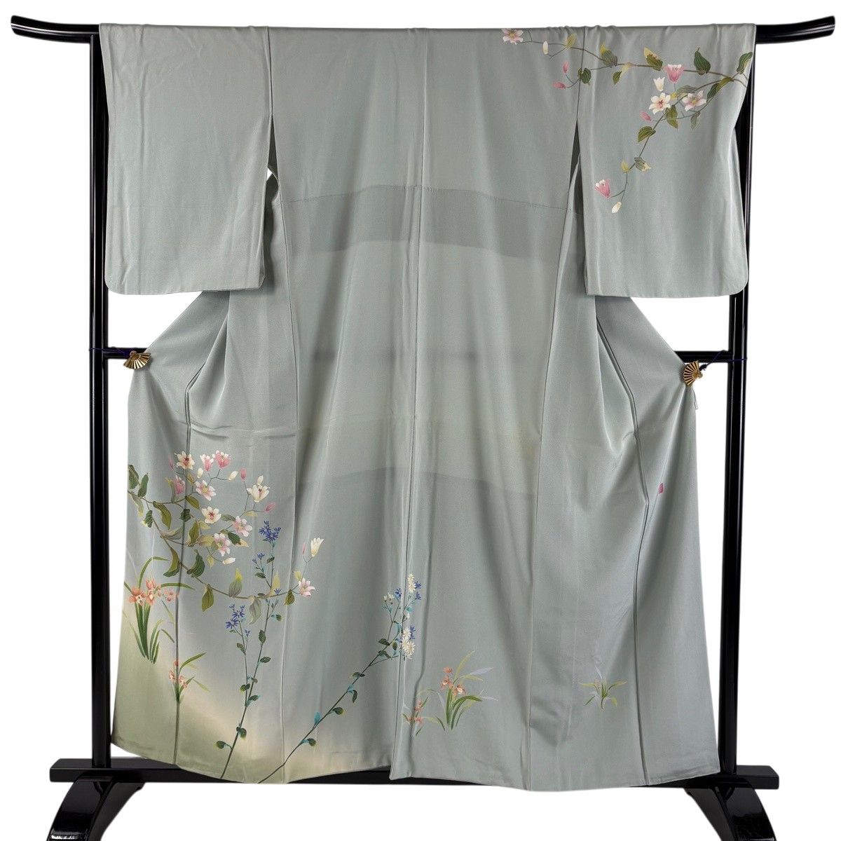 訪問着 身丈156.5cm 裄丈67cm M 袷 落款 草花 ぼかし 薄緑 正絹 秀品 【中古】
