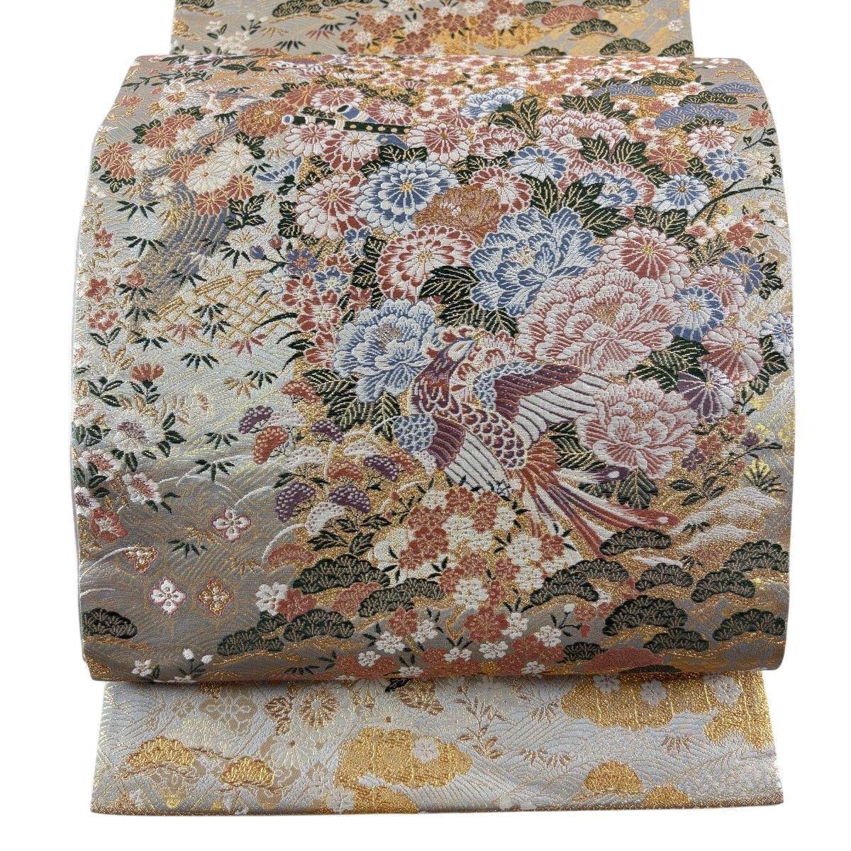AA50袋帯 六通柄 全通箔 華宝 金糸　唐草花柄 鳳凰 正絹 美品 着物 美品】 袋帯 秀品 草花 鳳凰 金糸 箔 灰色 六通 正絹 【中古】 - メルカリ