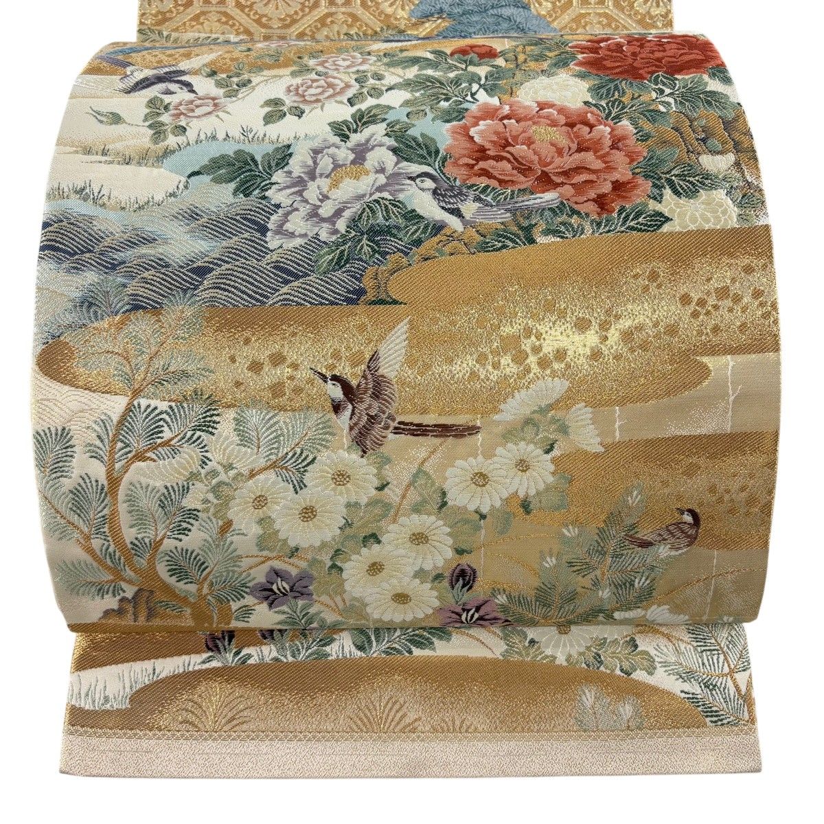 袋帯 秀品 関西仕立て 花鳥 霞 金糸 箔 ベージュ 六通 正絹 【中古