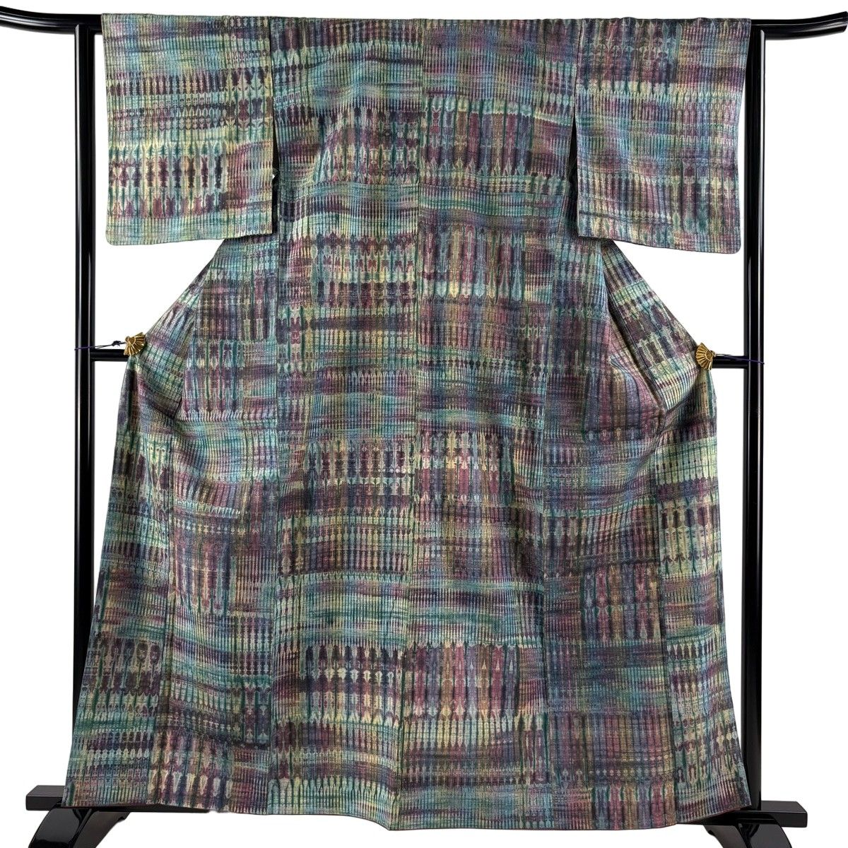 【美品】 小紋 身丈160cm 裄丈63cm S 袷 紬地 縞 幾何学模様 絞り 青緑 正絹 秀品 【中古】
