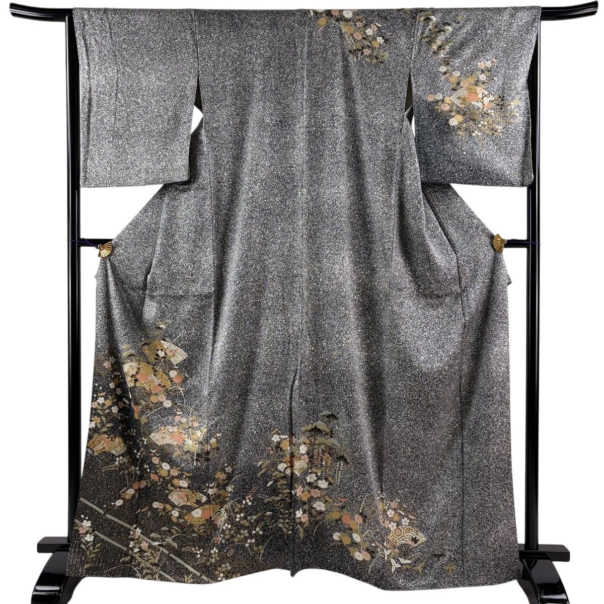 訪問着 身丈165.5cm 裄丈66cm M 袷 扇面 草花 金彩 黒灰 正絹 秀品 【中古】