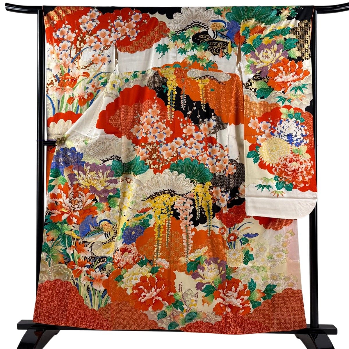 振袖 身丈159cm 裄丈62.5cm S 袷 牡丹 鴛鴦 金彩 金彩 クリーム 正絹 秀品 【中古】