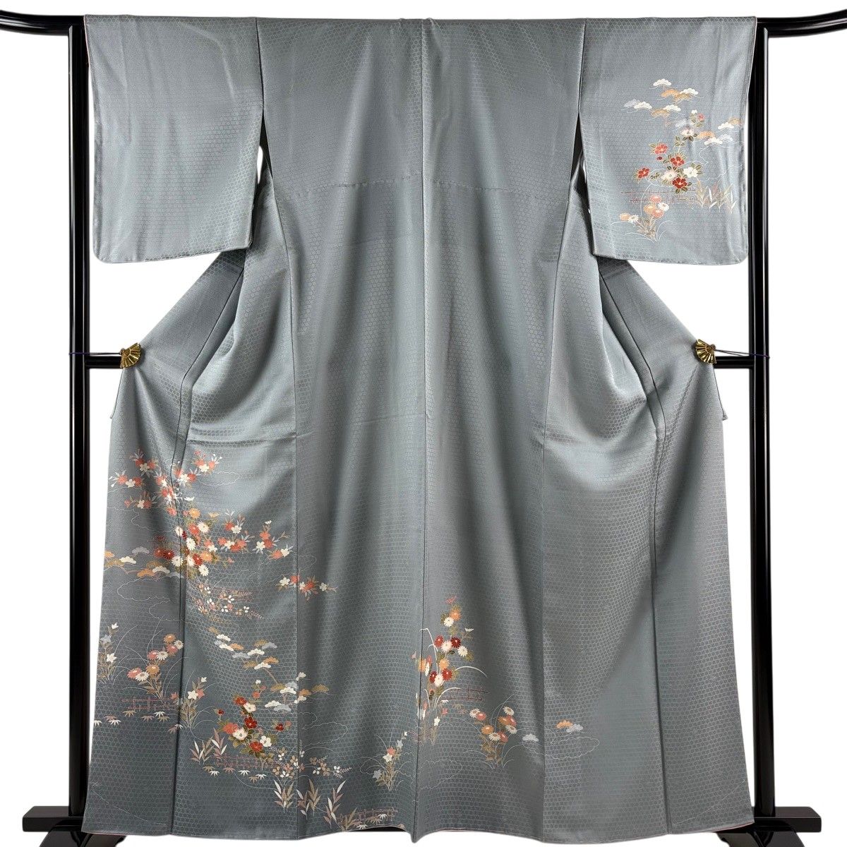訪問着 身丈160.5cm 裄丈64.5cm M 袷 菊 桜 灰色 正絹 優品 【中古