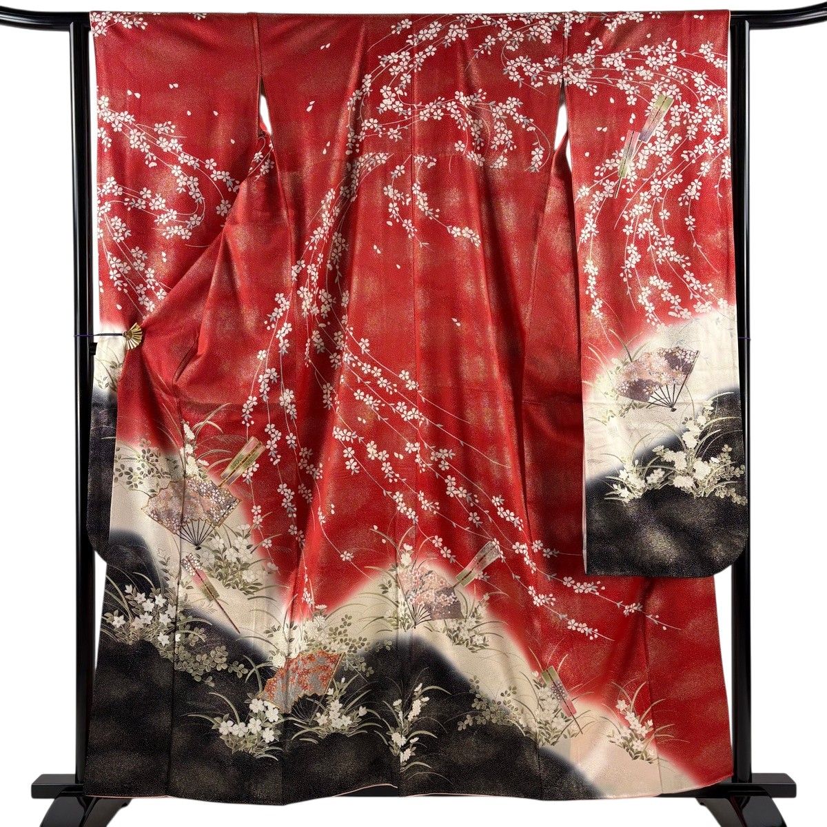 美品】 振袖 身丈159cm 裄丈63cm S 袷 扇 秋草 金糸 金彩 赤 正絹 優品 