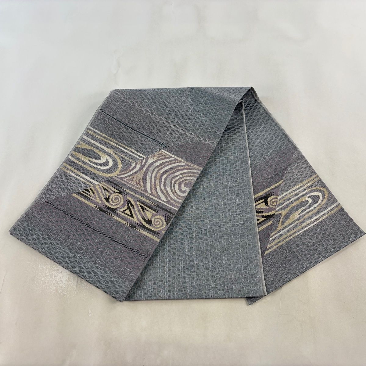 美品】 袋帯 秀品 幾何学 よろけ縞 青灰色 お太鼓柄 正絹 【中古