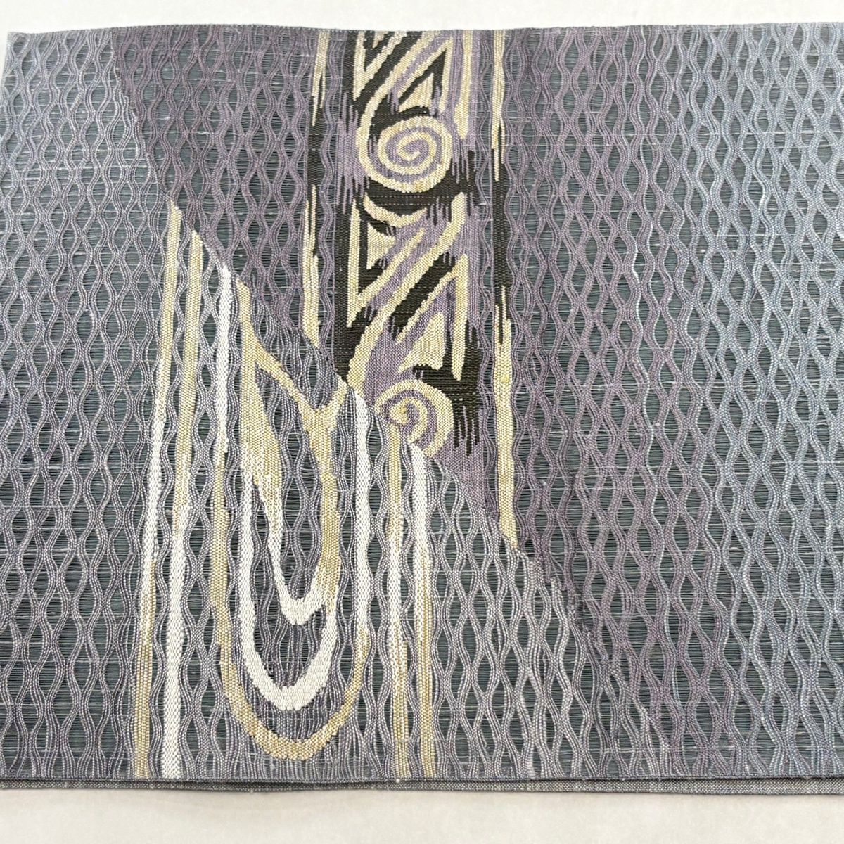 美品】 袋帯 秀品 幾何学 よろけ縞 青灰色 お太鼓柄 正絹 【中古
