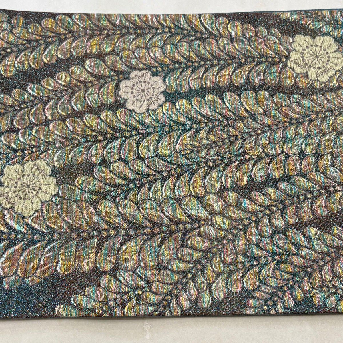 袋帯 秀品 牡丹 流水 刺繍 箔 青灰色 六通 正絹 【中古】 【公式通販】