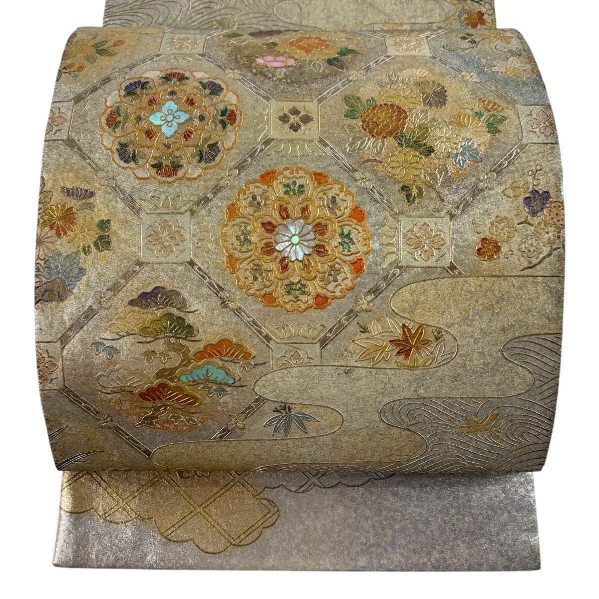 袋帯 秀品 蜀江華文 草花 金彩 螺鈿 銀色 お太鼓柄 正絹 【中古