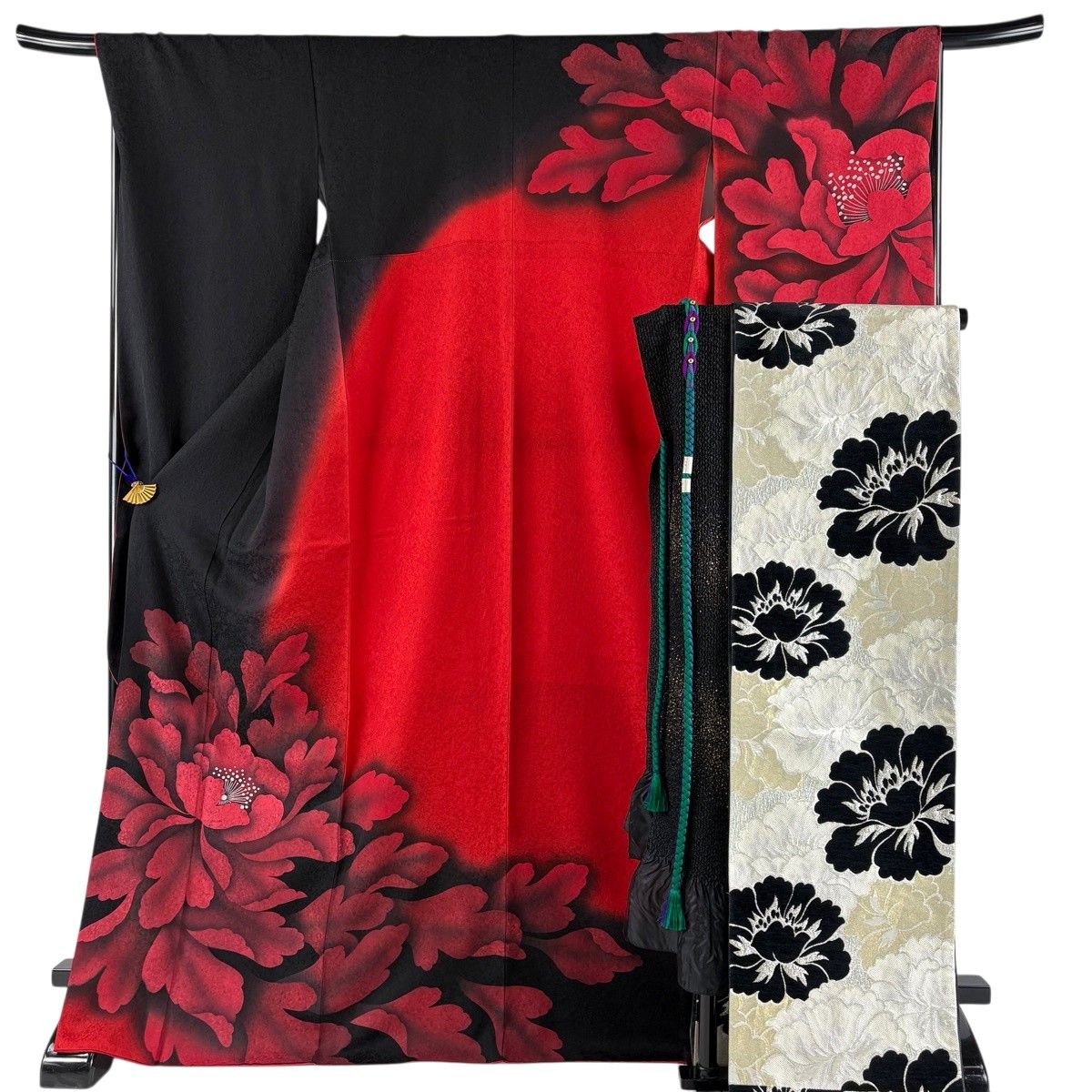 【美品】 振袖 身丈170cm 裄丈68cm L 袷 袋帯フルセット やまと 牡丹 地紋 銀彩 染め分け 黒 正絹 秀品 【中古】