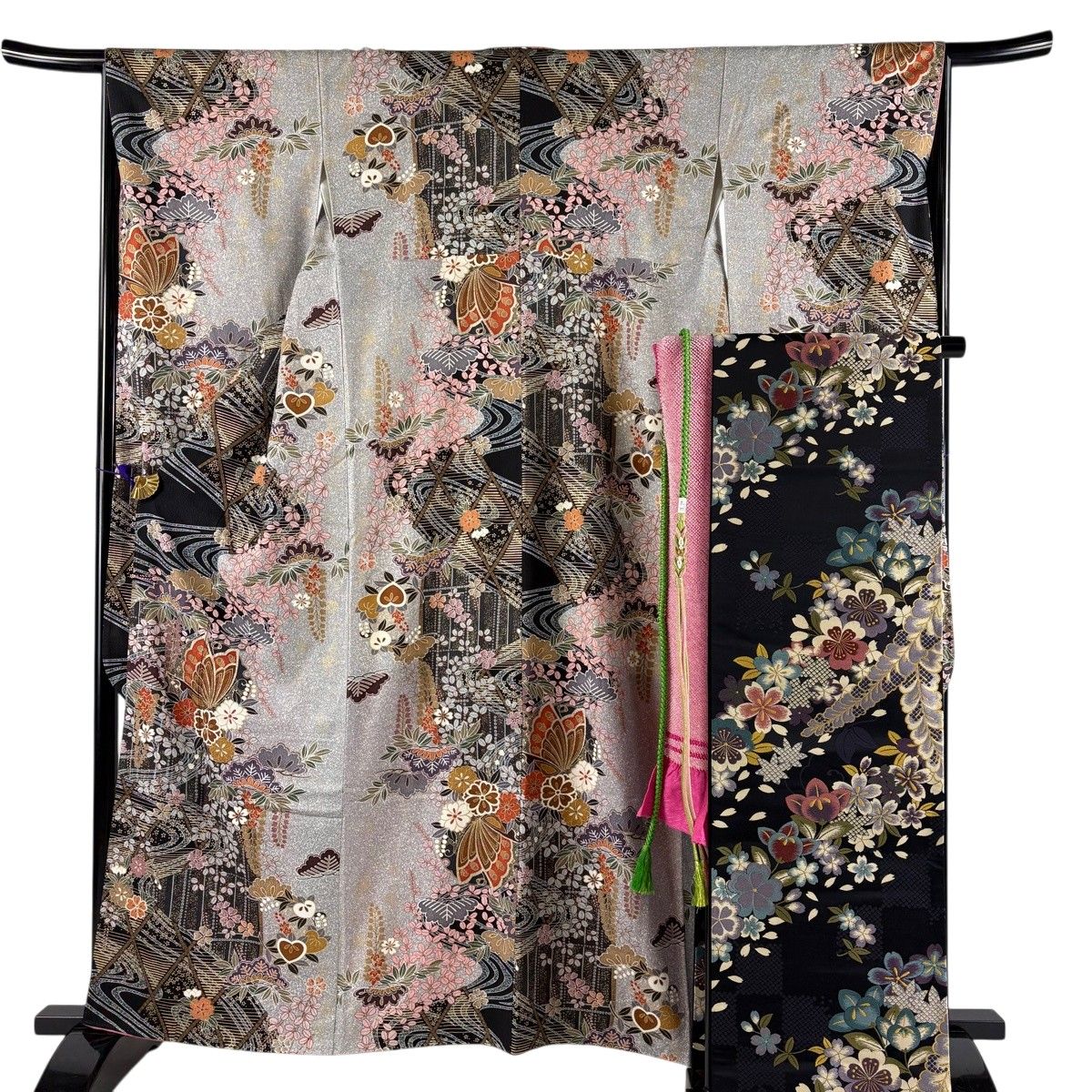 美品】 振袖 身丈161.5cm 裄丈65.5cm M 袷 袋帯フルセット 蝶 草花