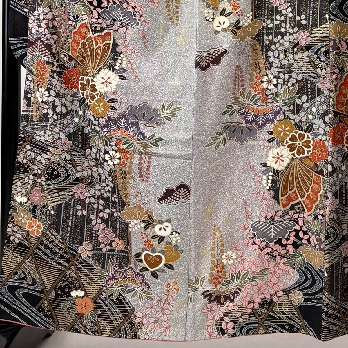 美品】 振袖 身丈161.5cm 裄丈65.5cm M 袷 袋帯フルセット 蝶 草花