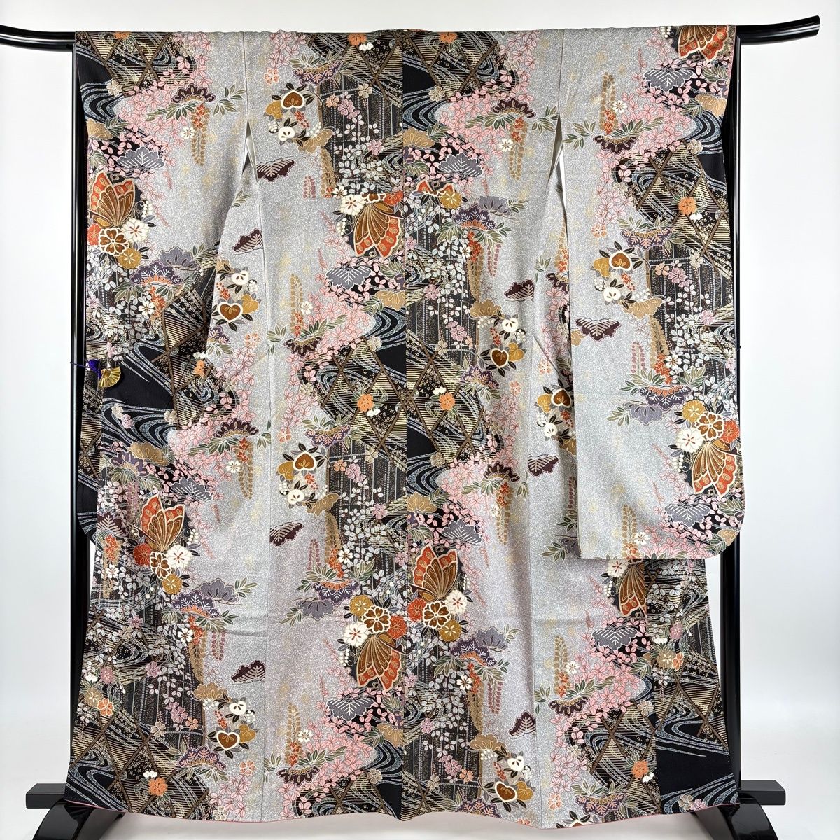 美品】 振袖 身丈161.5cm 裄丈65.5cm M 袷 袋帯フルセット 蝶 草花