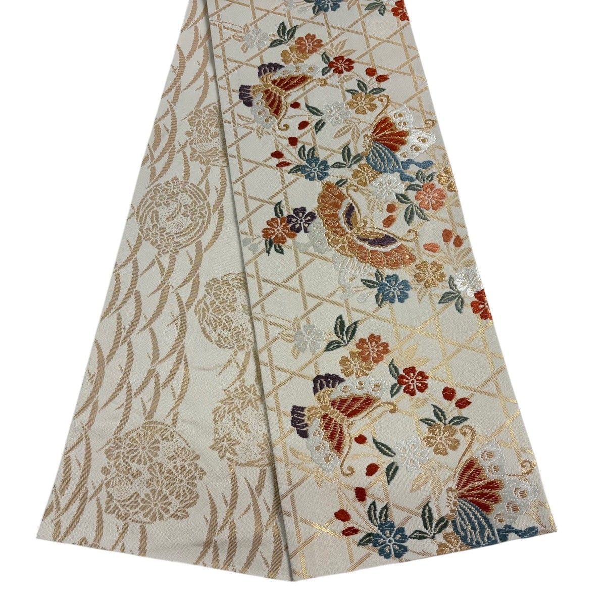 【美品】半幅帯 秀品 蝶 桜 金糸 唐織 クリーム 正絹 【中古】