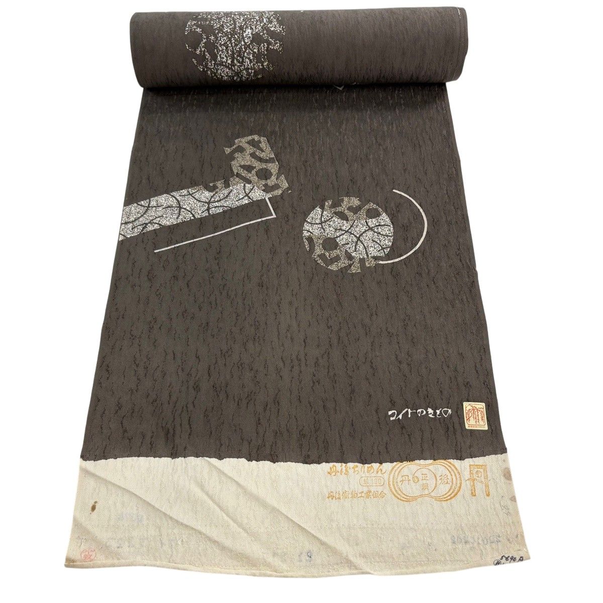 反物 秀品 小紋 丸文 幾何学 焦茶色 正絹 【中古】