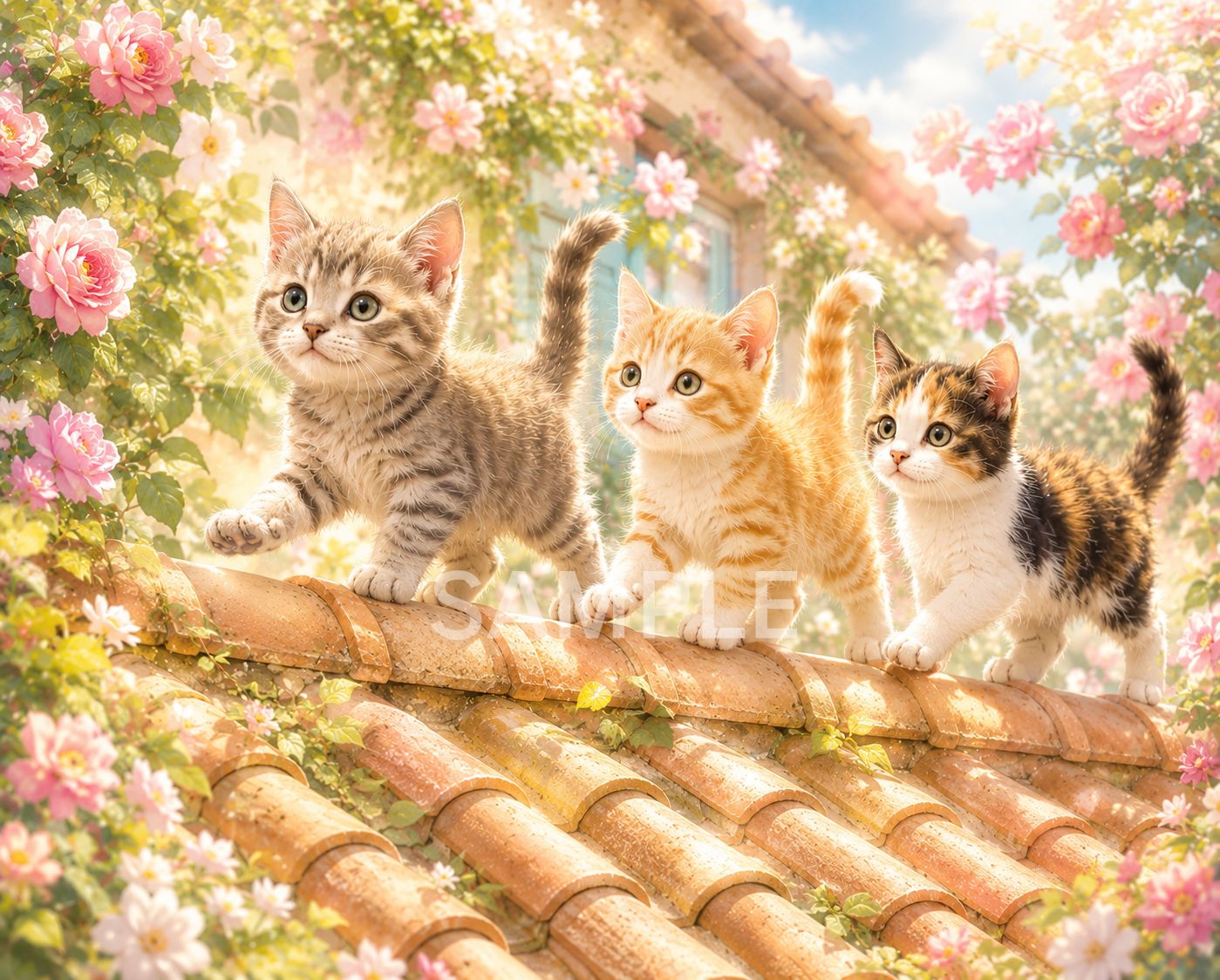 癒しの子猫たちと花咲くガーデン♪ 可愛い猫アート インテリア