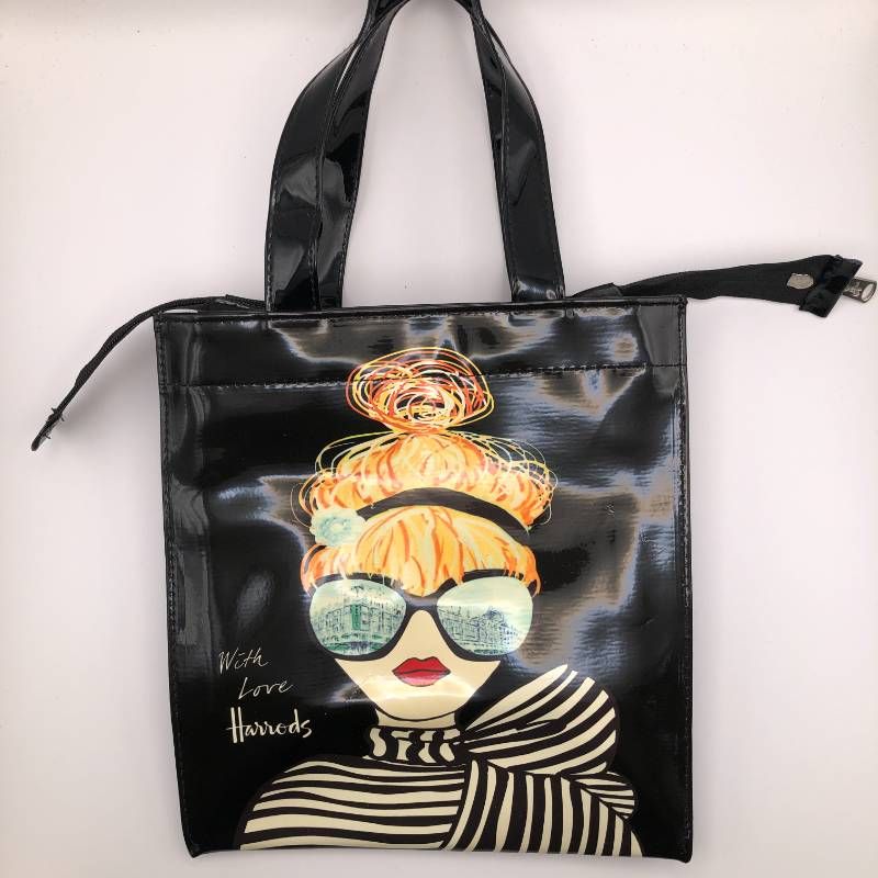 タ Harrods（ハロッズ） イラスト トートバッグ 黒 ブラック 中古品