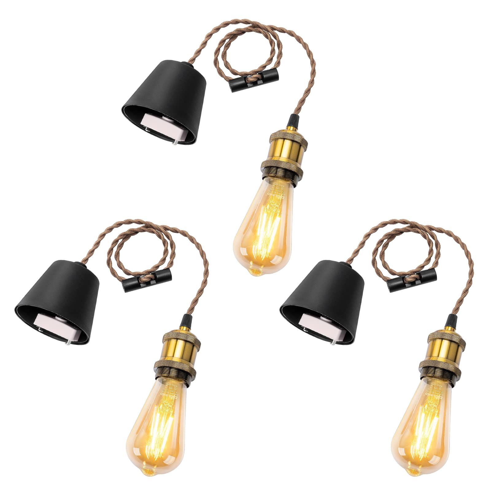 新品 DiCUNO ペンダントライト E26口金 LED電球付き エジソン電球 引掛シーリング用 １灯用ペンダントソケット 真鍮色 電球ソケット 天井照明 吊り下げ コード付き 80cm調節可 レトロ アンティーク おしゃれ 3個入