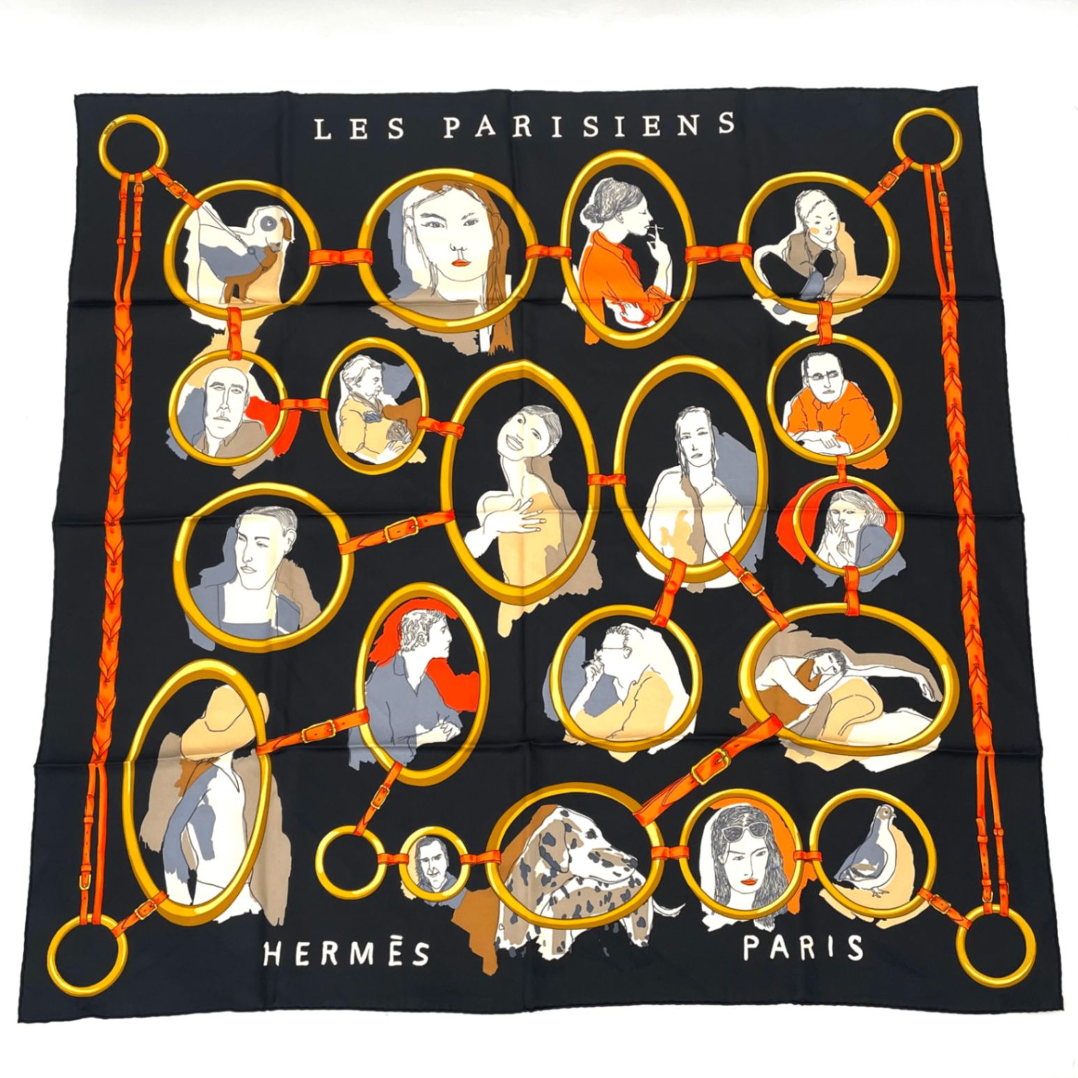極美品 HERMES エルメス カレ90 スカーフ シルク LES PARISIENS ブラック ｘ ゴールド