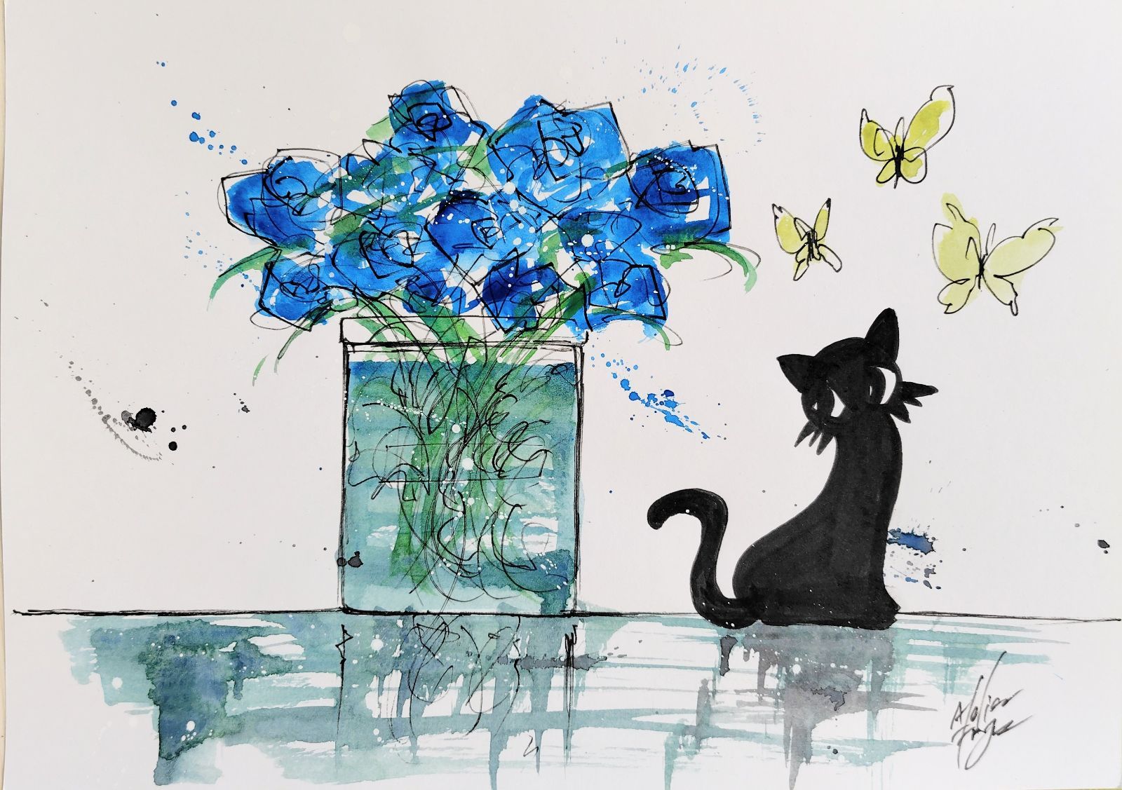 原画#554 黒猫 猫 薔薇 花 蝶 水彩画 ドローイング イラスト 絵 アート