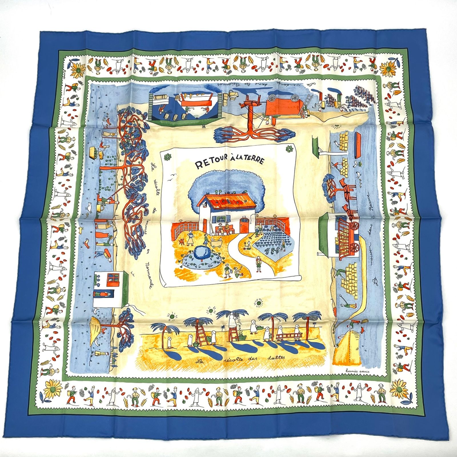 新品同様 HERMES エルメス カレ90 RE TOUR A LA TERRE 故郷に帰る シルク100％ スカーフ ブルー