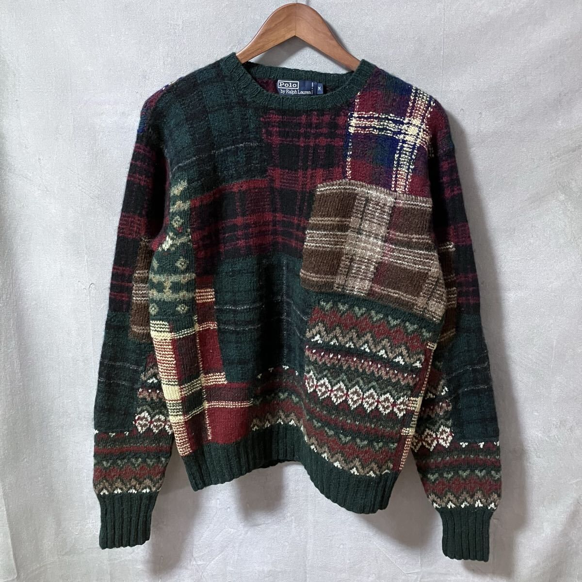 POLO RALPH LAUREN ポロラルフローレン HAND KNIT patchwork sweater 総柄 パッチワーク クルーネック ハンドニット セーター size.M 希少