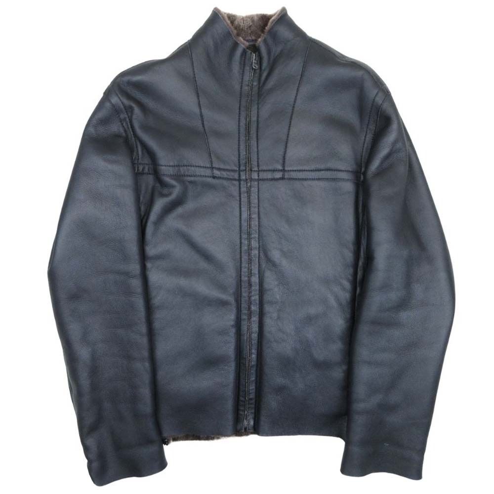 美品 HUGO BOSS ヒューゴボス リブ切替 ムートンジャケット コート 内ボア シープスキン ジップアップ ブルゾン アウター 52 黒 茶 メンズ 古着 中古 USED