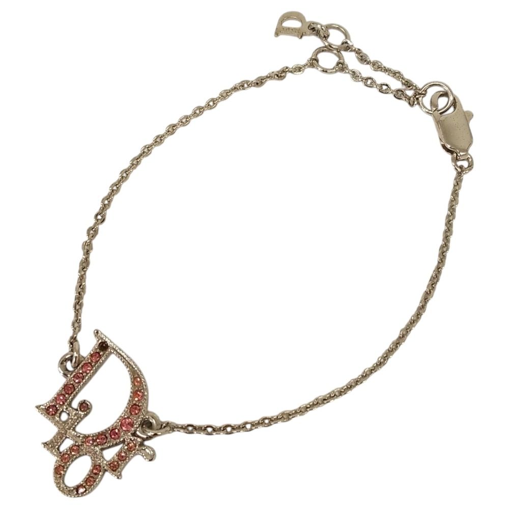 Christian Dior クリスチャンディオール DIORロゴ ラインストーン ブレスレット シルバーカラー ピンク レディース 古着 中古 USED