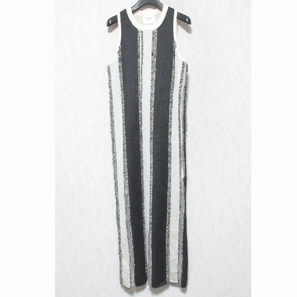 美品 AMERI アメリ MULTI STRIPE JACQUARD DRESS ノースリーブ ニットワンピース 01410521070 サイズS ブラック ホワイト レディース 古着 中古 USED