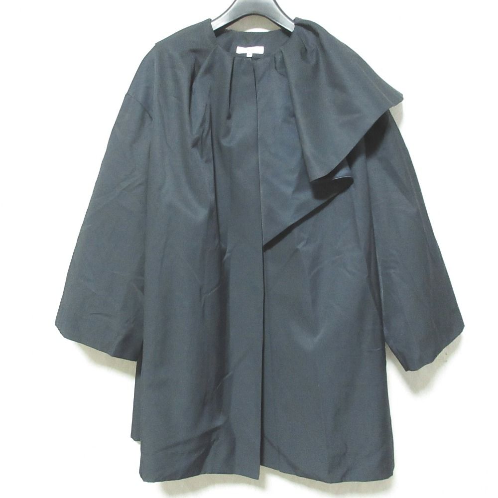 良品 23SS yori ヨリ ノーカラー ツイルフレアハーフコート YR25-23042SP サイズ36 ネイビー レディース 古着 中古 USED