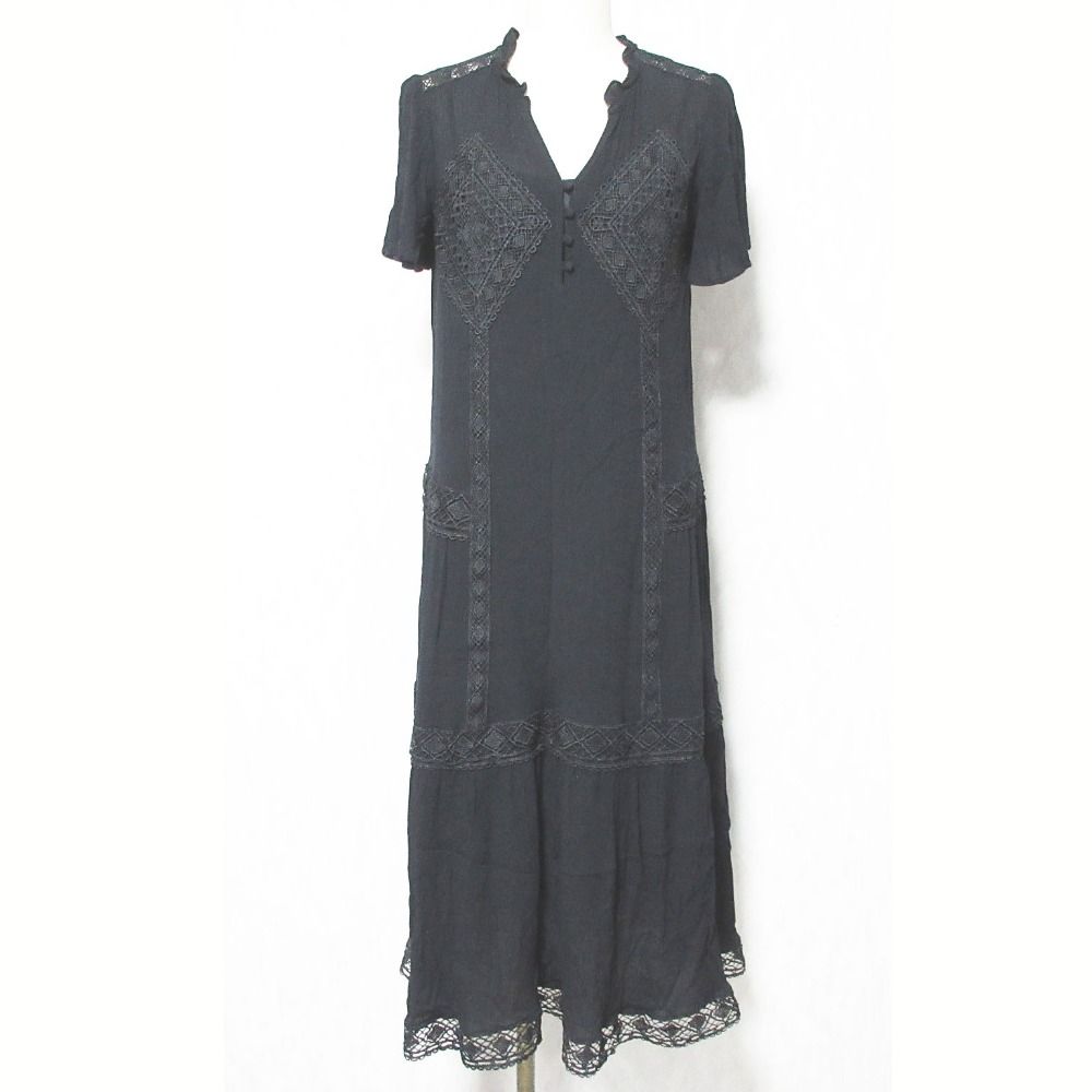 美品 24SS GRACE CONTINENTAL グレースコンチネンタル レースコンビカフタンワンピース 0124231114 36 ブラック レディース 古着 中古 USED