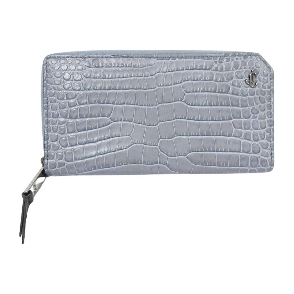 美品 JIMMY CHOO ジミーチュウ ロゴ金具 クロコエンボス ラウンドファスナー ロングウォレット 長財布 グレー メンズ 古着 中古 USED