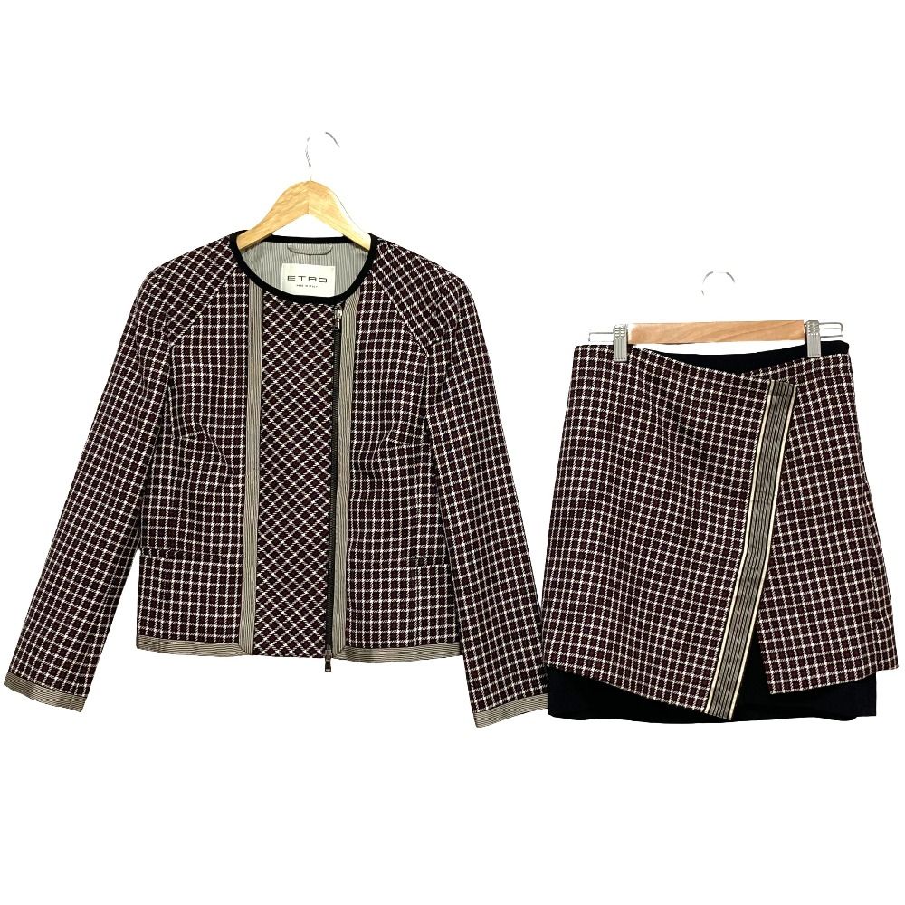 美品 ETRO エトロ ハウンドトゥース ノーカラージャケット スカート セットアップ サイズ42 ボルドー ブラック レディース 古着 中古 USED