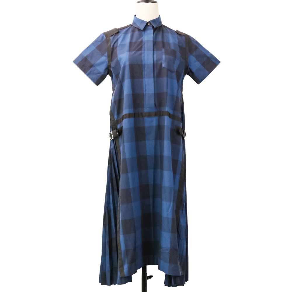 良品 sacai サカイ コットン ポプリン チェック 半袖 ロング シャツワンピース 20-05188 1 ネイビー レディース 古着 中古 USED