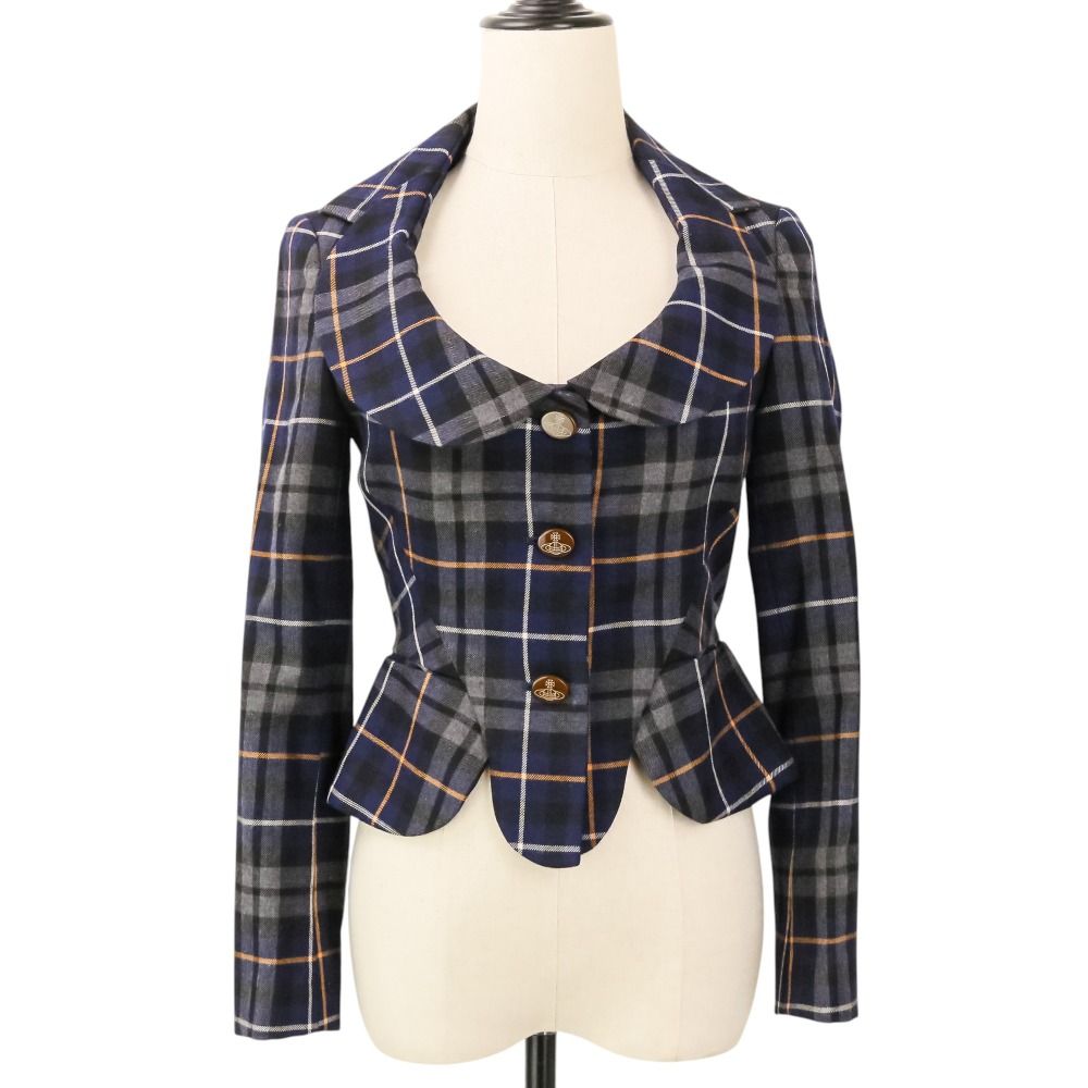 美品 Vivienne Westwood RED LABEL ヴィヴィアンウエストウッドレッドレーベル タータンチェック ジャケット 1 グレー ブルー レディース 古着 中古 USED