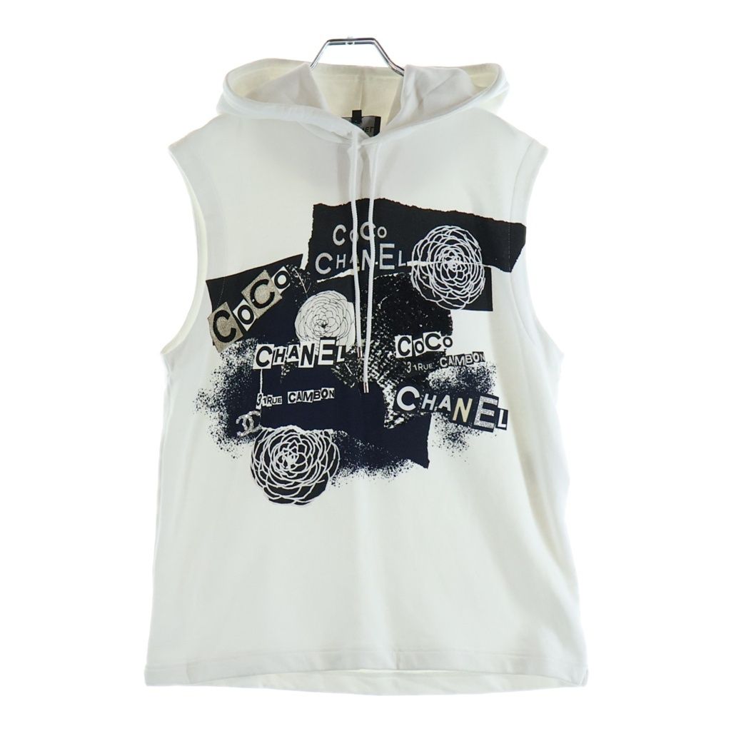 CHANEL (シャネル) COCO フロントスパンコールロゴプリント装飾ノースリーブスウェットパーカー ホワイト レディース P63297K48933