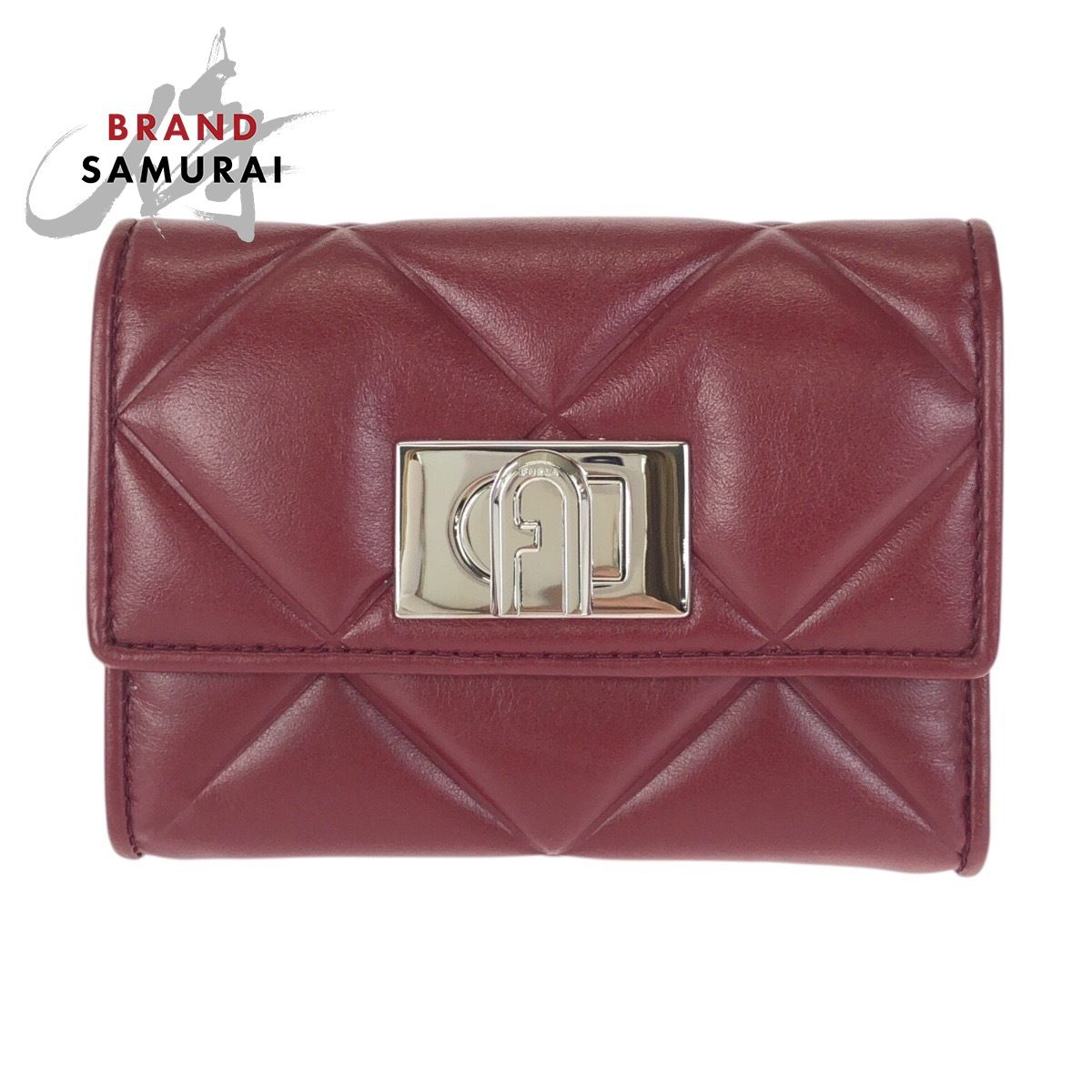 美品 Furla フルラ 1927 M ツイストクロージャー ワインレッド ボルドー シルバー金具 レザー 折財布 コンパクトウォレット 602616【中古】
